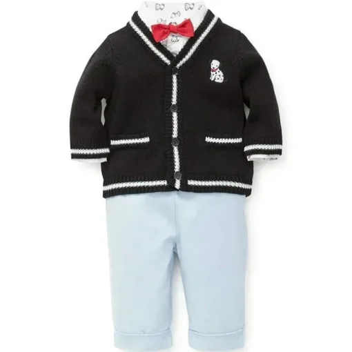 Little Me Signature Luxury Collection Baby Boys Puppy Cardigan Set 3 peças, suéter, calça e gravata borboleta, azul marinho/claro