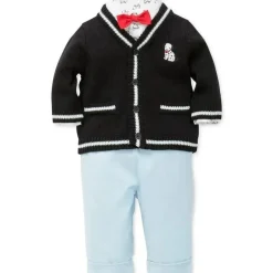 Little Me Signature Luxury Collection Baby Boys Puppy Cardigan Set 3 peças, suéter, calça e gravata borboleta, azul marinho/claro