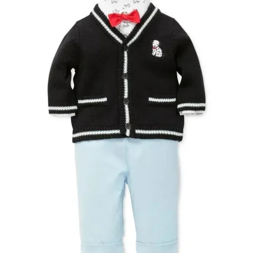Little Me Signature Luxury Collection Baby Boys Puppy Cardigan Set 3 peças, suéter, calça e gravata borboleta, azul marinho/claro