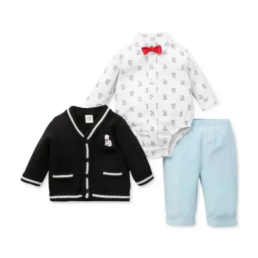 Little Me Signature Luxury Collection Baby Boys Puppy Cardigan Set 3 peças, suéter, calça e gravata borboleta, azul marinho/claro