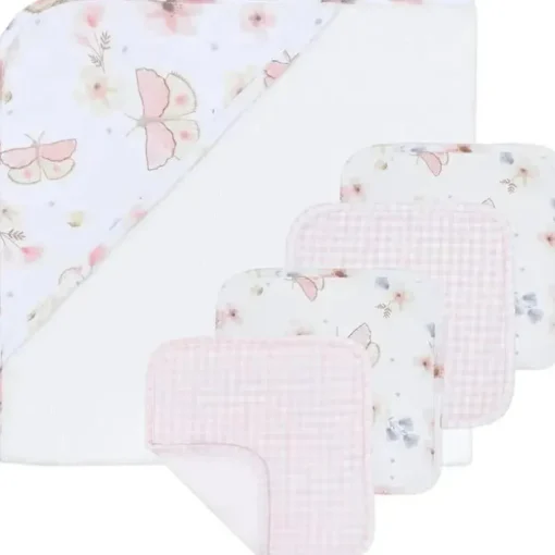 Living Textiles - Toalha com capuz para bebê, conjunto de presente de banho com 5 peças, Fly Away, rosa