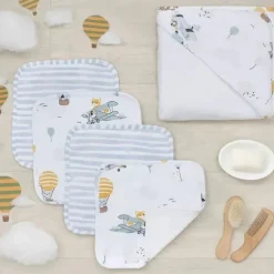Living Textiles - Toalha com capuz para bebê, conjunto de presente de banho com 5 peças, para cima e para longe, azul