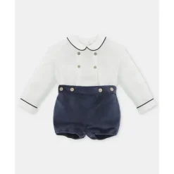 Martin Aranda - Baby Boy Set Shirt & Boys Shorts With Suspenders Velour Dark Blue