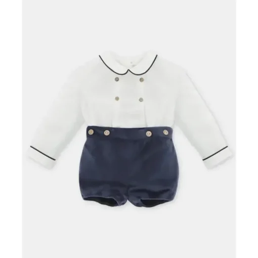 Martin Aranda - Baby Boy Set Shirt & Boys Shorts With Suspenders Velour Dark Blue