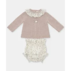 Martin Aranda - Baby Girl Peonia Set Sweater Matching Bloomer, Rosa Palo