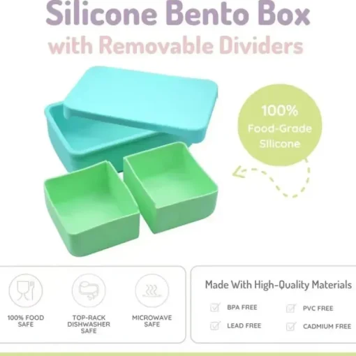 Melii - Caixa Bento 100% Silicone com Divisórias Removíveis, 2 Compartimentos, Azul Menta