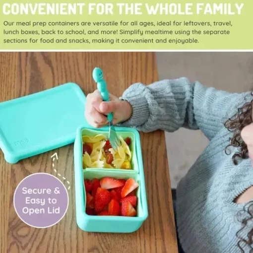 Melii - Caixa Bento 100% Silicone com Divisórias Removíveis, 2 Compartimentos, Azul Menta
