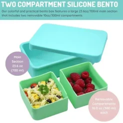 Melii - Caixa Bento 100% Silicone com Divisórias Removíveis, 2 Compartimentos, Azul Menta