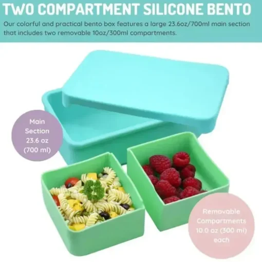 Melii - Caixa Bento 100% Silicone com Divisórias Removíveis, 2 Compartimentos, Azul Menta