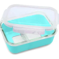 Melii - Caixa Bento de vidro com capa, forno, micro-ondas, freezer e máquina de lavar louça, 25 onças, azul