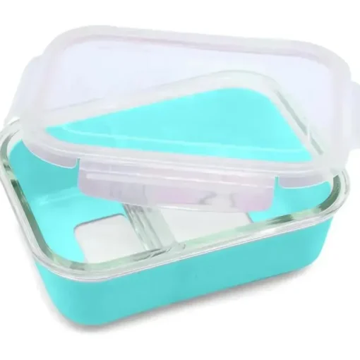 Melii - Caixa Bento de vidro com capa, forno, micro-ondas, freezer e máquina de lavar louça, 25 onças, azul
