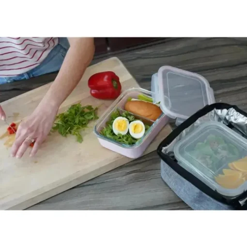 Melii - Caixa Bento de vidro com capa, forno, micro-ondas, freezer e máquina de lavar louça, 25 onças, azul