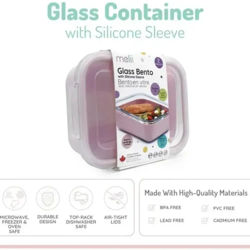 Melii - Caixa Bento de vidro com capa, forno, micro-ondas, freezer e máquina de lavar louça, 25 onças, rosa