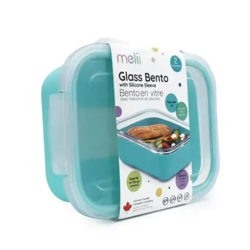 Melii - Caixa Bento de vidro com capa, forno, micro-ondas, freezer e máquina de lavar louça, 25 onças, azul