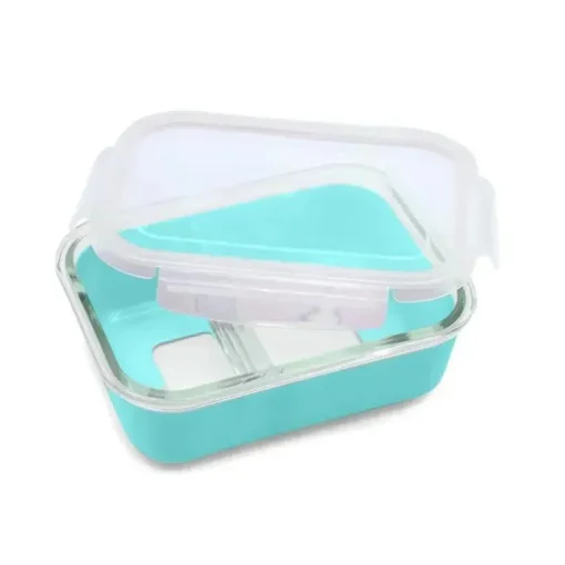 Melii - Caixa Bento de vidro com capa, forno, micro-ondas, freezer e máquina de lavar louça, 25 onças, azul
