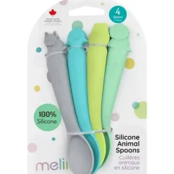 Melii - colheres 100% silicone, alimentação para bebês e crianças pequenas, sem BPA, conjunto de 4 peças, tubarão, dinossauro, buldogue e urso