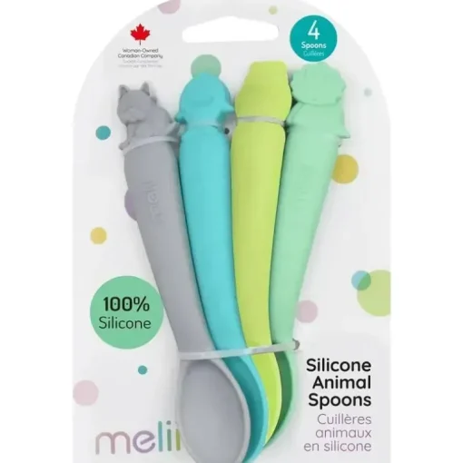 Melii - colheres 100% silicone, alimentação para bebês e crianças pequenas, sem BPA, conjunto de 4 peças, tubarão, dinossauro, buldogue e urso
