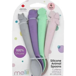 Melii - colheres 100% silicone, alimentação para bebês e crianças pequenas, sem BPA, conjunto de 4 peças, cachorro, gato, unicórnio e dinossauro