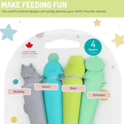 Melii - colheres 100% silicone, alimentação para bebês e crianças pequenas, sem BPA, conjunto de 4 peças, tubarão, dinossauro, buldogue e urso