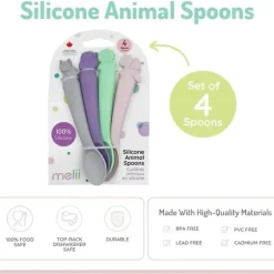 Melii - colheres 100% silicone, alimentação para bebês e crianças pequenas, sem BPA, conjunto de 4 peças, cachorro, gato, unicórnio e dinossauro