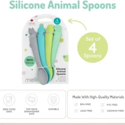 Melii - colheres 100% silicone, alimentação para bebês e crianças pequenas, sem BPA, conjunto de 4 peças, tubarão, dinossauro, buldogue e urso