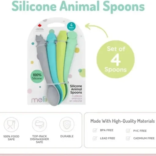 Melii - colheres 100% silicone, alimentação para bebês e crianças pequenas, sem BPA, conjunto de 4 peças, tubarão, dinossauro, buldogue e urso