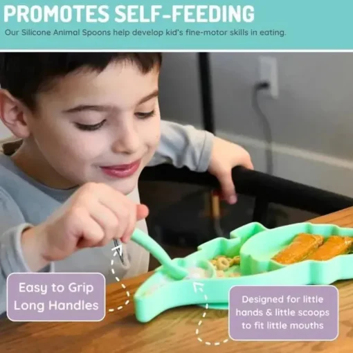 Melii - colheres 100% silicone, alimentação para bebês e crianças pequenas, sem BPA, conjunto de 4 peças, tubarão, dinossauro, buldogue e urso
