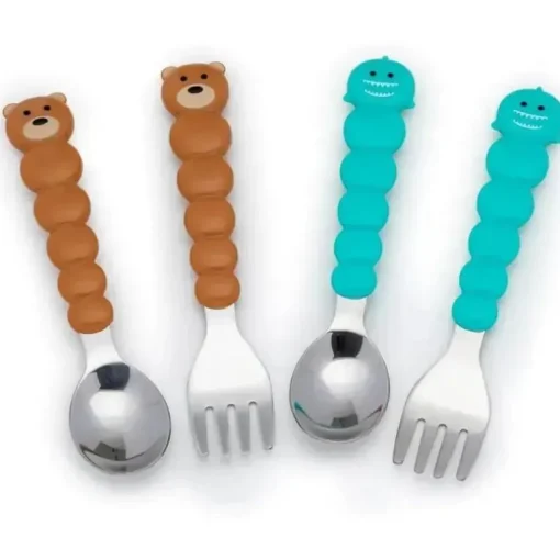 Melii - conjunto de colher e garfo para alimentação infantil e infantil 4 unidades, tubarão e urso