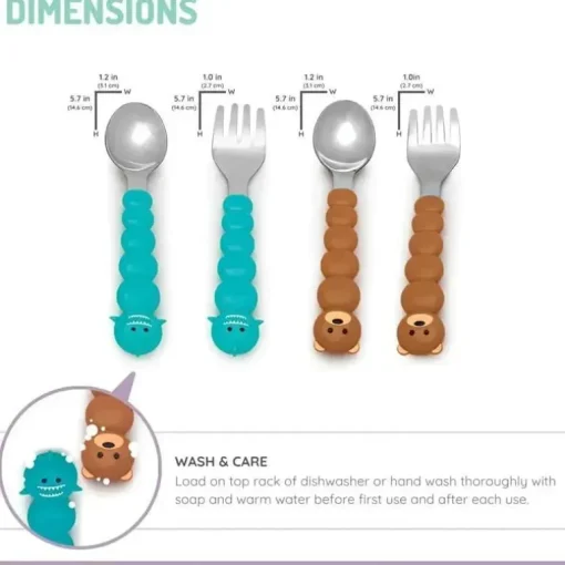 Melii - conjunto de colher e garfo para alimentação infantil e infantil 4 unidades, tubarão e urso
