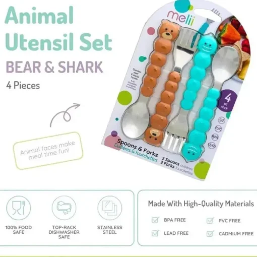 Melii - conjunto de colher e garfo para alimentação infantil e infantil 4 unidades, tubarão e urso