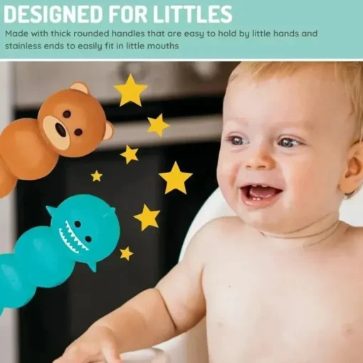 Melii - conjunto de colher e garfo para alimentação infantil e infantil 4 unidades, tubarão e urso