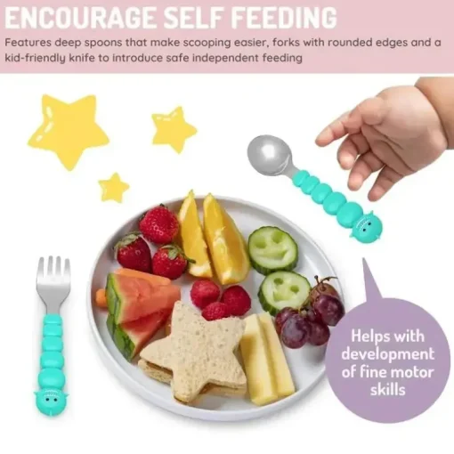 Melii - conjunto de colher e garfo para alimentação infantil e infantil 4 unidades, tubarão e urso