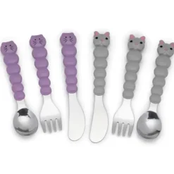 Melii - conjunto de garfo e faca para alimentação de crianças e crianças 6 unidades, gato e buldogue