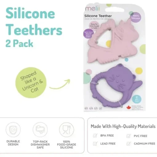 Melii - Mordedores para bebês, 100% silicone de qualidade alimentar, múltiplas texturas, sem BPA, unicórnio e gato