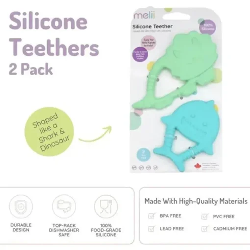 Melii - Mordedores para bebês, 100% silicone de qualidade alimentar, múltiplas texturas, sem BPA, dinossauro e tubarão