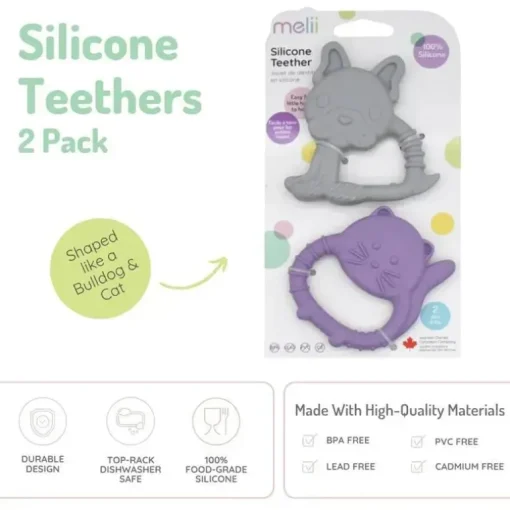 Melii - mordedores para bebês, 100% silicone de qualidade alimentar, múltiplas texturas, sem BPA, Bulldog e Cat
