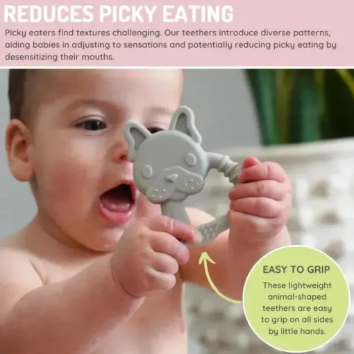 Melii - mordedores para bebês, 100% silicone de qualidade alimentar, múltiplas texturas, sem BPA, Bulldog e Cat