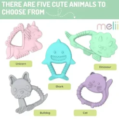 Melii - Mordedores para bebês, 100% silicone de qualidade alimentar, múltiplas texturas, sem BPA, dinossauro e tubarão