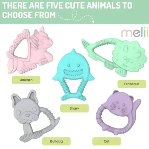 Melii - Mordedores para bebês, 100% silicone de qualidade alimentar, múltiplas texturas, sem BPA, dinossauro e tubarão