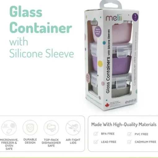 Melii - Recipientes de vidro para armazenamento de alimentos com capa de silicone, 5,4 onças, rosa, roxo, cinza