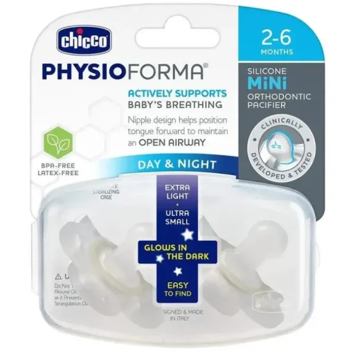 Mini Chupeta Ortodôntica Chicco PhysioForma Glow in the Dark - 2-6m 2pk