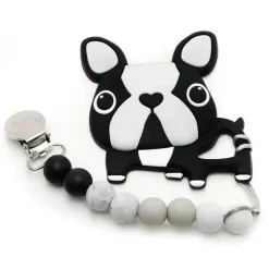 Mordedor de silicone Loulou Lollipop com clipe Boston Terrier Preto