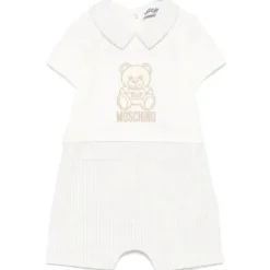 Moschino Baby - Boy Short Sleeve Romper With Stripes And Bear Print Beige
