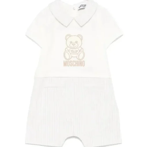 Moschino Baby - Boy Short Sleeve Romper With Stripes And Bear Print Beige