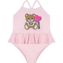 Moschino Baby - Girl Ruffled Swimsuit With Bear Heart Print, Light Pink