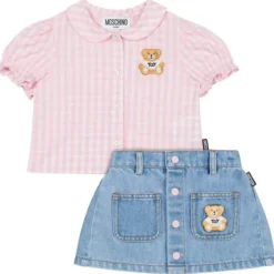Moschino Baby - Girl Short Sleeve Gingham Blouse Bear Patch Denim Skirt