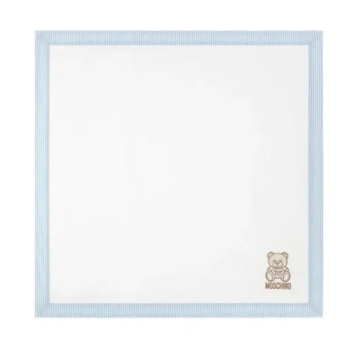 Moschino Baby - Popeline Striped Blanket With Bear Embroidery, Light Blue