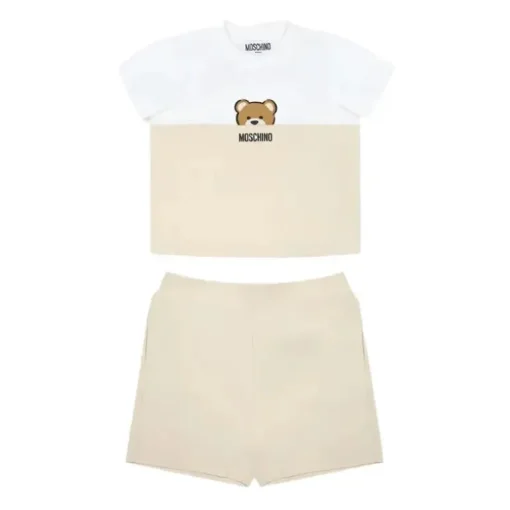 Moschino Baby - Short Sleeve Tee And Shorts Set With Bear Print In Gift Box Beige