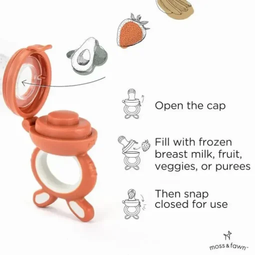 Moss &amp; Fawn - Alimentador de forragem, brinquedo de dentição de comida para bebê congelada de silicone calmante, terracota