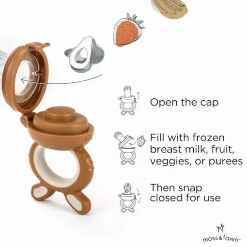 Moss &amp; Fawn - Alimentador de forragem, brinquedo de dentição de comida para bebê congelada de silicone calmante, folhagem
